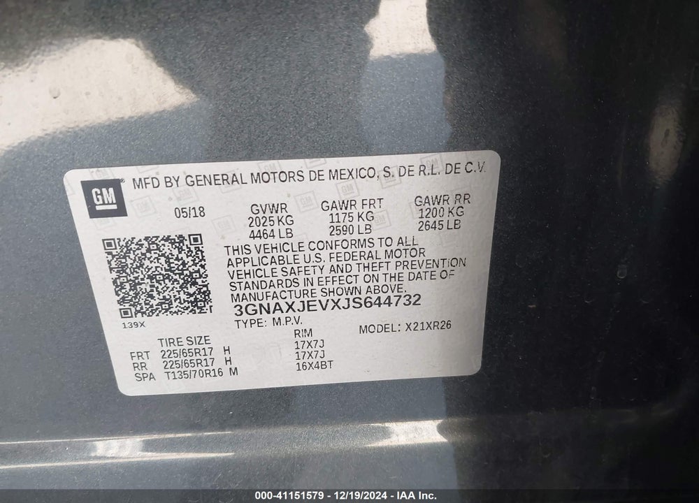 2018 CHEVROLET EQUINOX LT VIN: 3GNAXJEVXJS644732