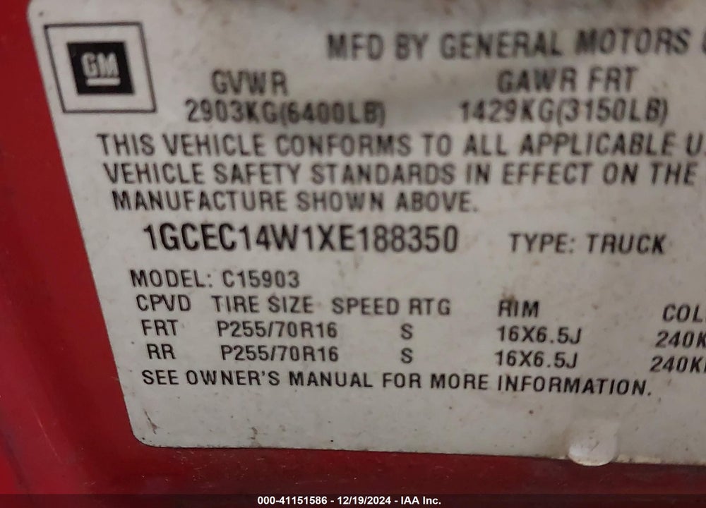 1999 CHEVROLET SILVERADO 1500 VIN: 1GCEC14W1XE188350
