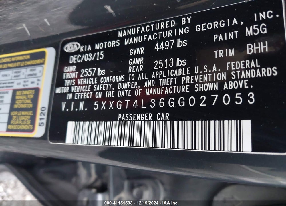 2016 KIA OPTIMA VIN: 5XXGT4L36GG027053