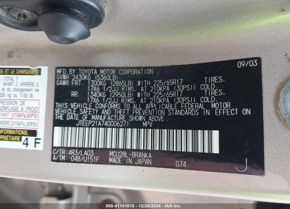 2004 TOYOTA HIGHLANDER LIMITED V6 VIN: JTEEP21A740006271