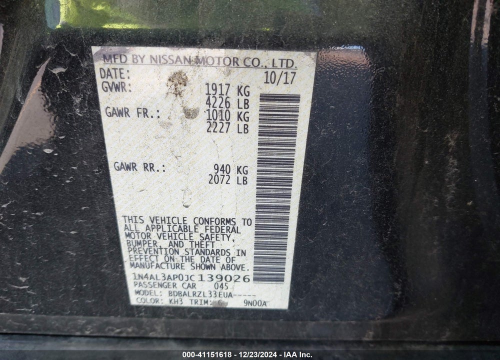 2018 NISSAN ALTIMA VIN: 1N4AL3AP0JC139026
