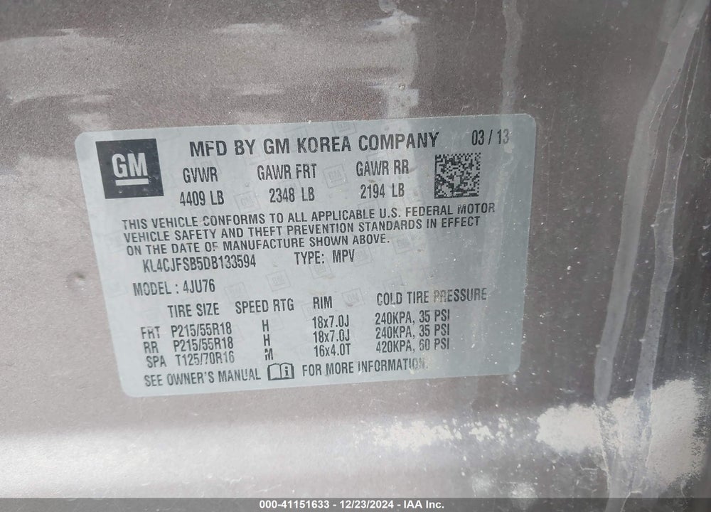 2013 BUICK ENCORE CONVENIENCE VIN: KL4CJFSB5DB133594