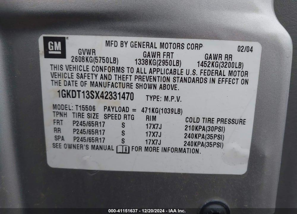 2004 GMC ENVOY SLE VIN: 1GKDT13SX42331470