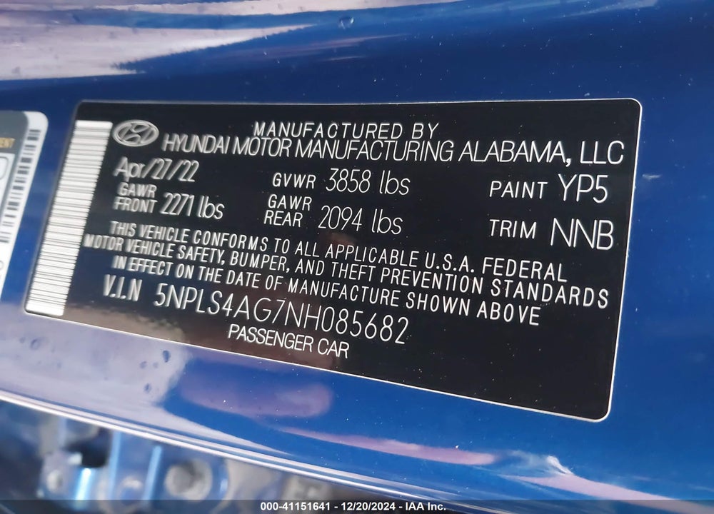 2022 HYUNDAI ELANTRA VIN: 5NPLS4AG7NH085682