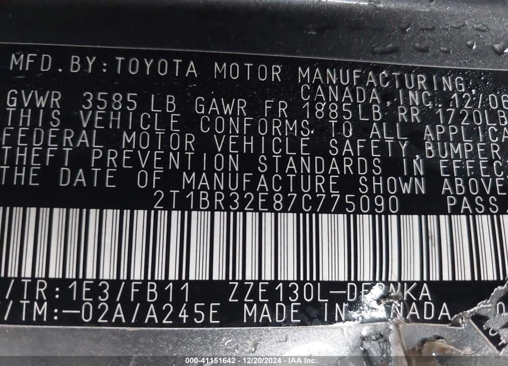 2007 TOYOTA COROLLA LE VIN: 2T1BR32E87C775090