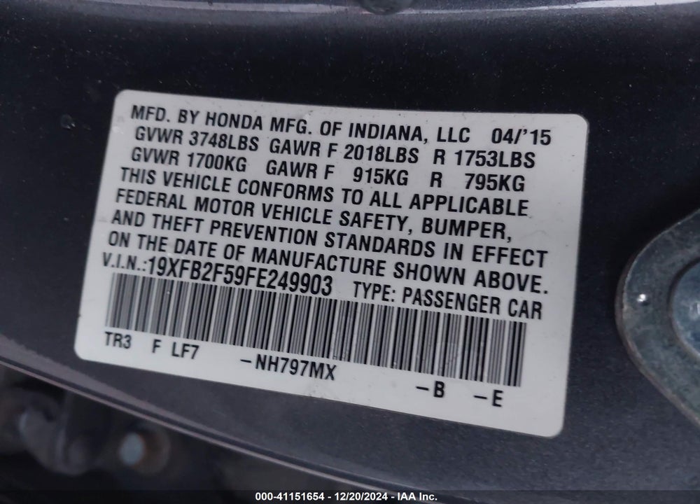 2015 HONDA CIVIC LX VIN: 19XFB2F59FE249903
