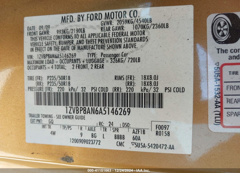 2010 FORD MUSTANG V6/V6 PREMIUM VIN: 1ZVBP8AN6A5146269