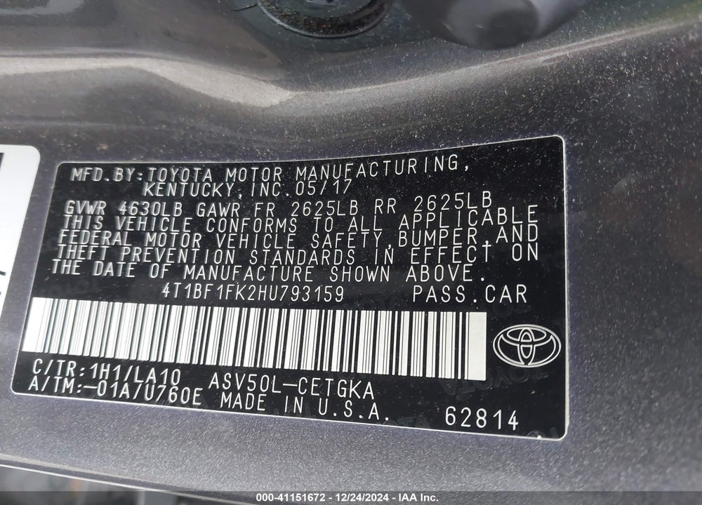 2017 TOYOTA CAMRY XLE VIN: 4T1BF1FK2HU793159