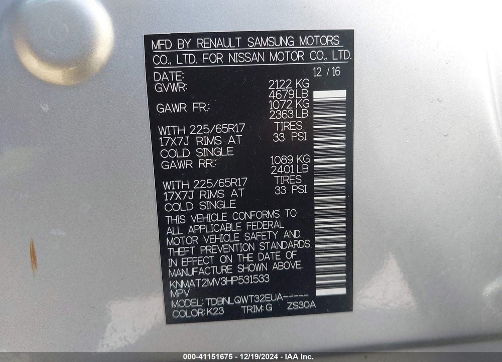 2017 NISSAN ROGUE SV VIN: KNMAT2MV3HP531533