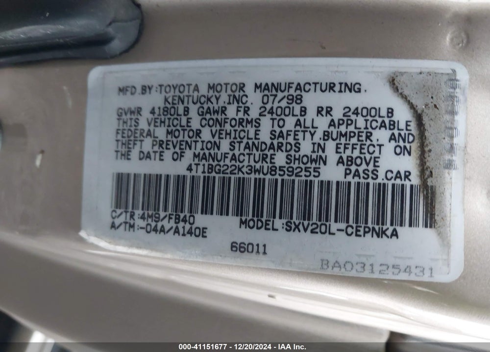 1998 TOYOTA CAMRY LE VIN: 4T1BG22K3WU859255