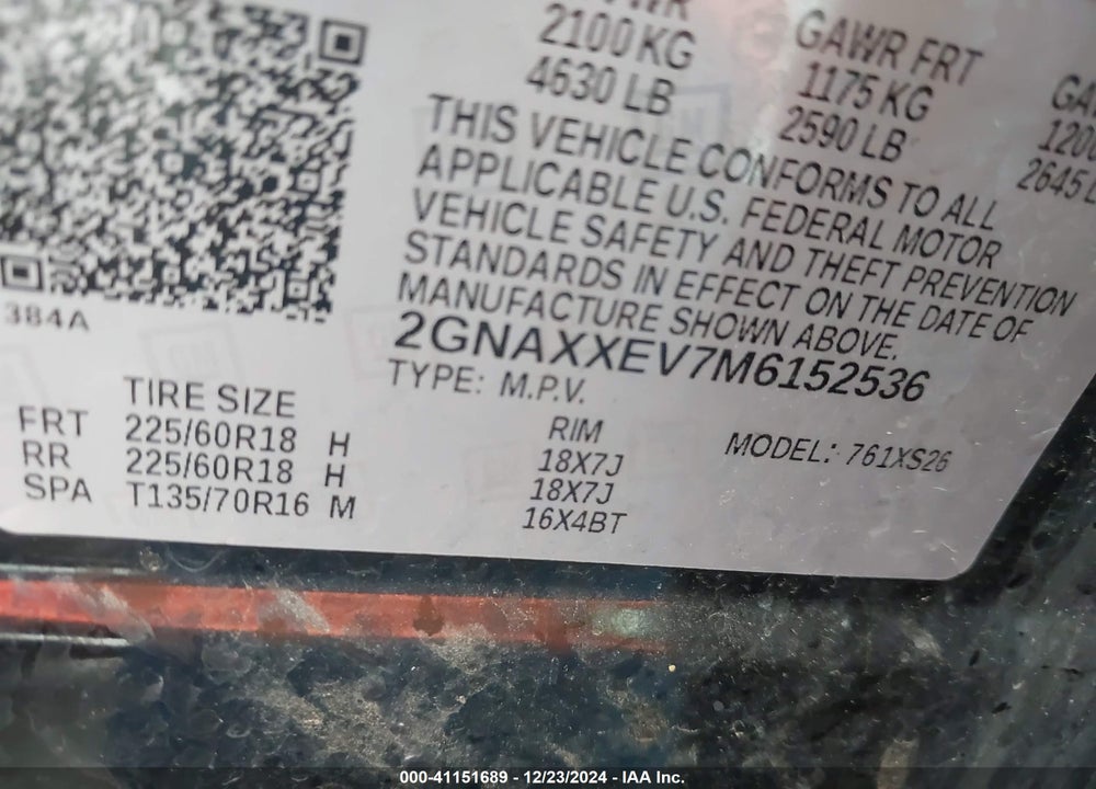 2021 CHEVROLET EQUINOX AWD PREMIER VIN: 2GNAXXEV7M6152536