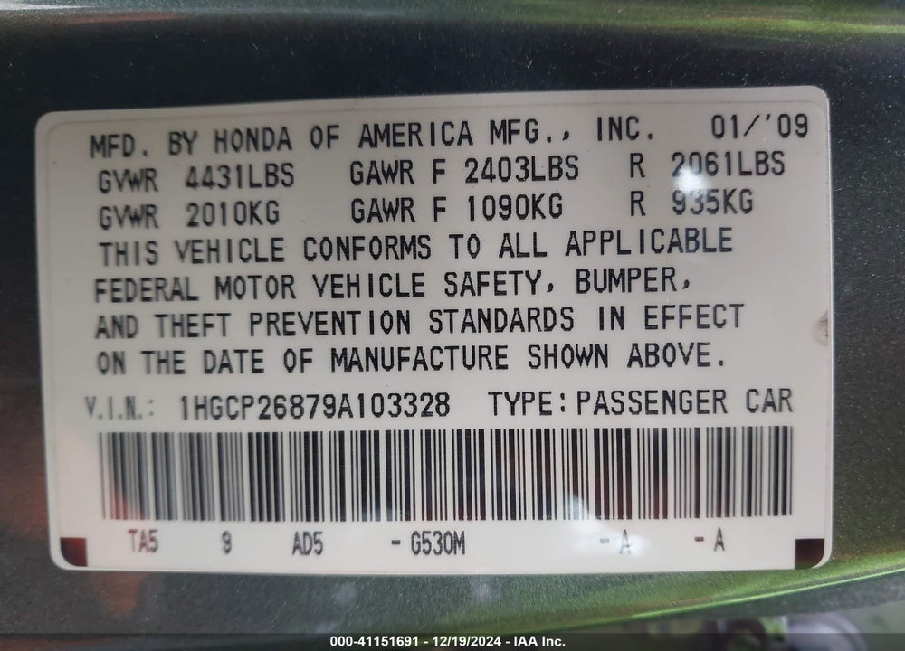 2009 HONDA ACCORD VIN: 1HGCP26879A103328