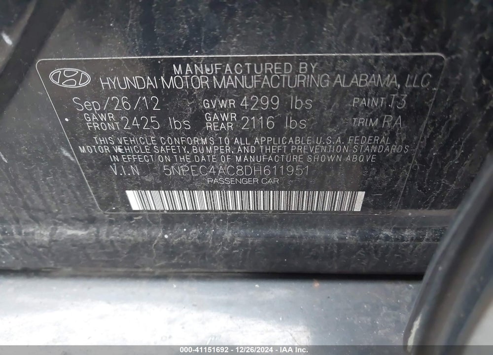 2013 HYUNDAI SONATA LIMITED VIN: 5NPEC4AC8DH611951