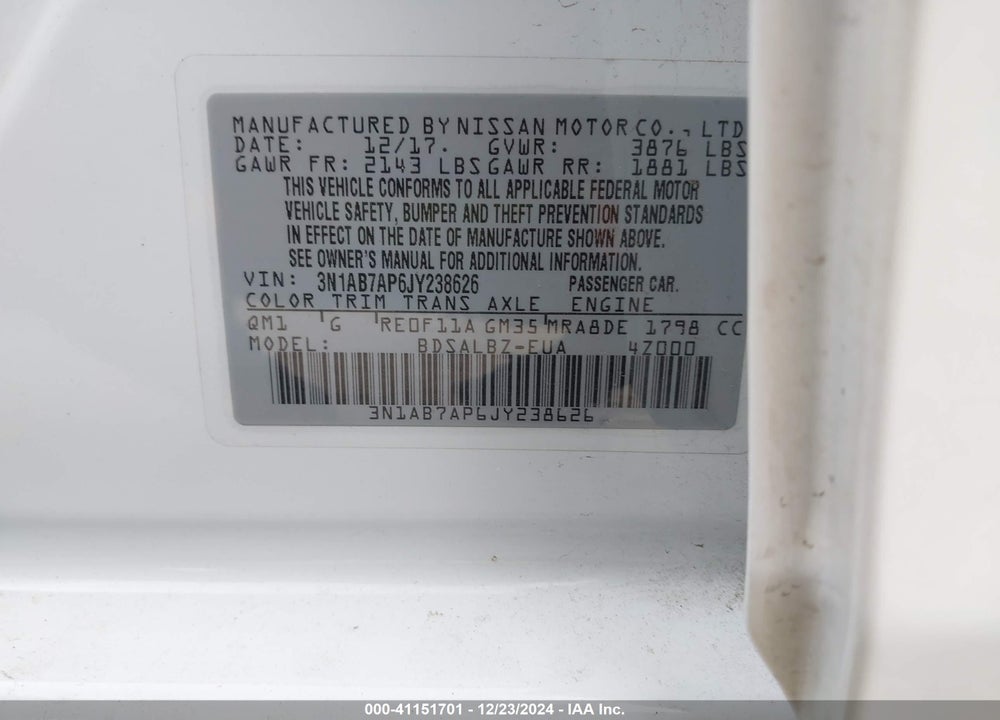 2018 NISSAN SENTRA VIN: 3N1AB7AP6JY238626