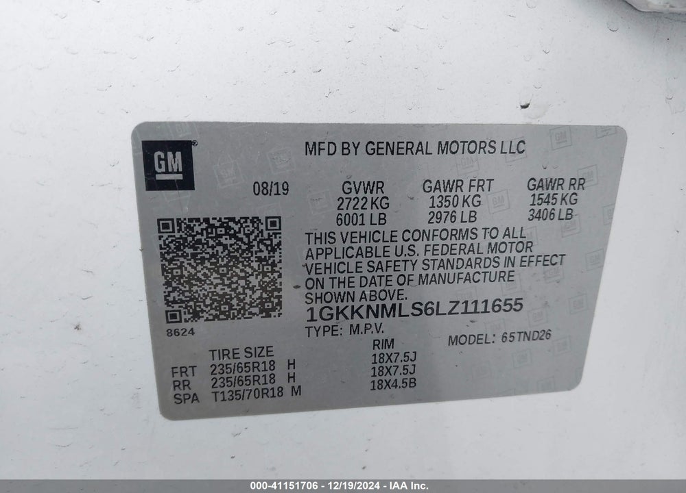 2020 GMC ACADIA FWD SLT VIN: 1GKKNMLS6LZ111655