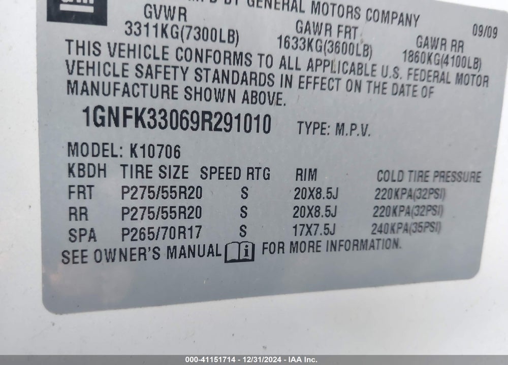 2009 CHEVROLET TAHOE LTZ VIN: 1GNFK33069R291010
