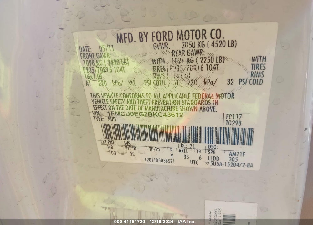 2011 FORD ESCAPE LIMITED VIN: 1FMCU0EG2BKC43612
