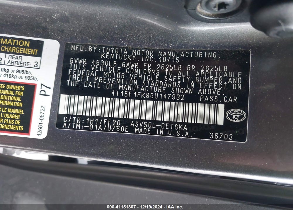 2016 TOYOTA CAMRY VIN: 4T1BF1FK8GU147932