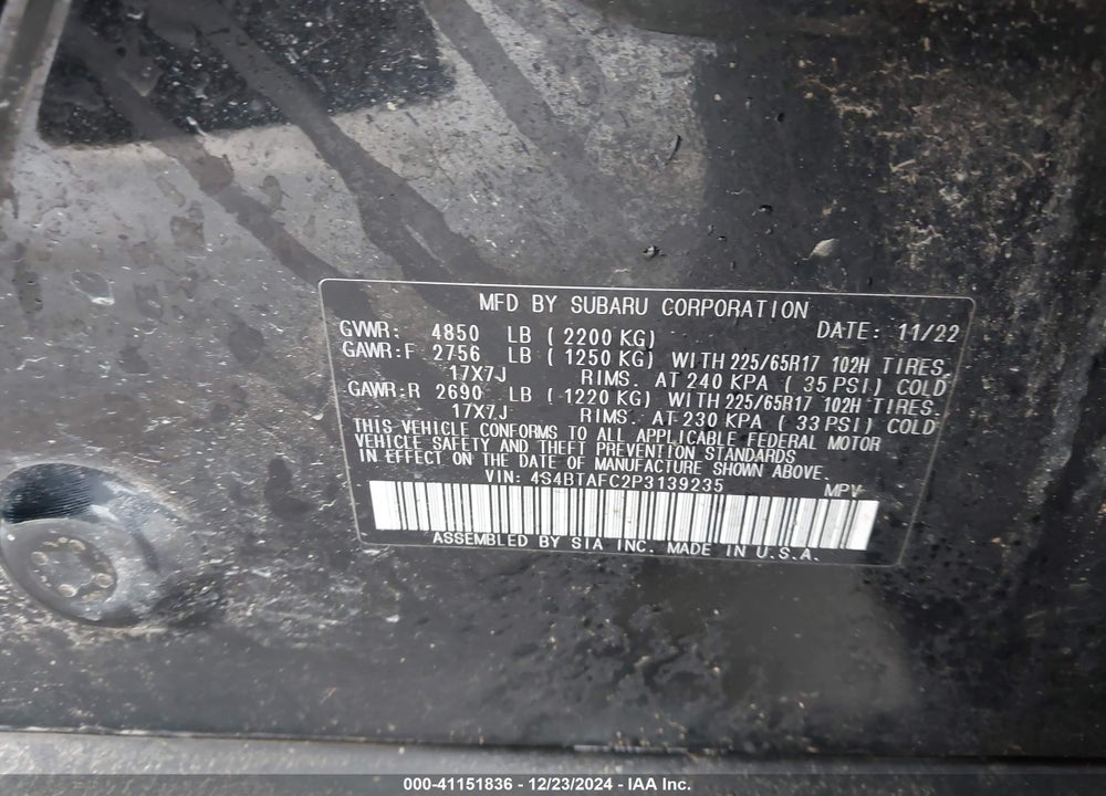 2023 SUBARU OUTBACK PREMIUM VIN: 4S4BTAFC2P3139235