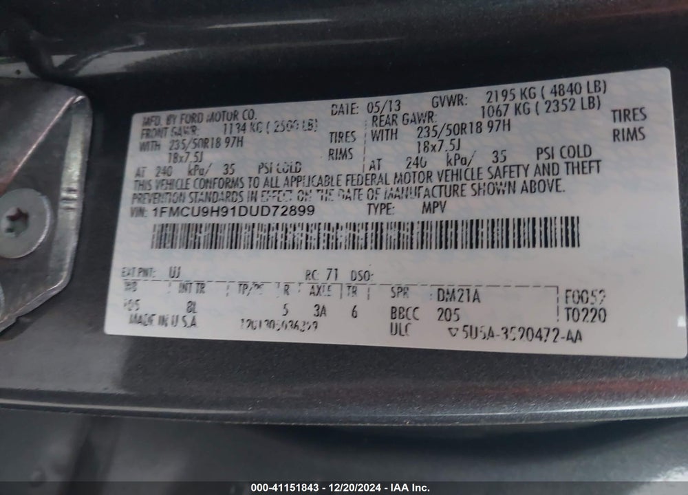 2013 FORD ESCAPE SEL VIN: 1FMCU9H91DUD72899