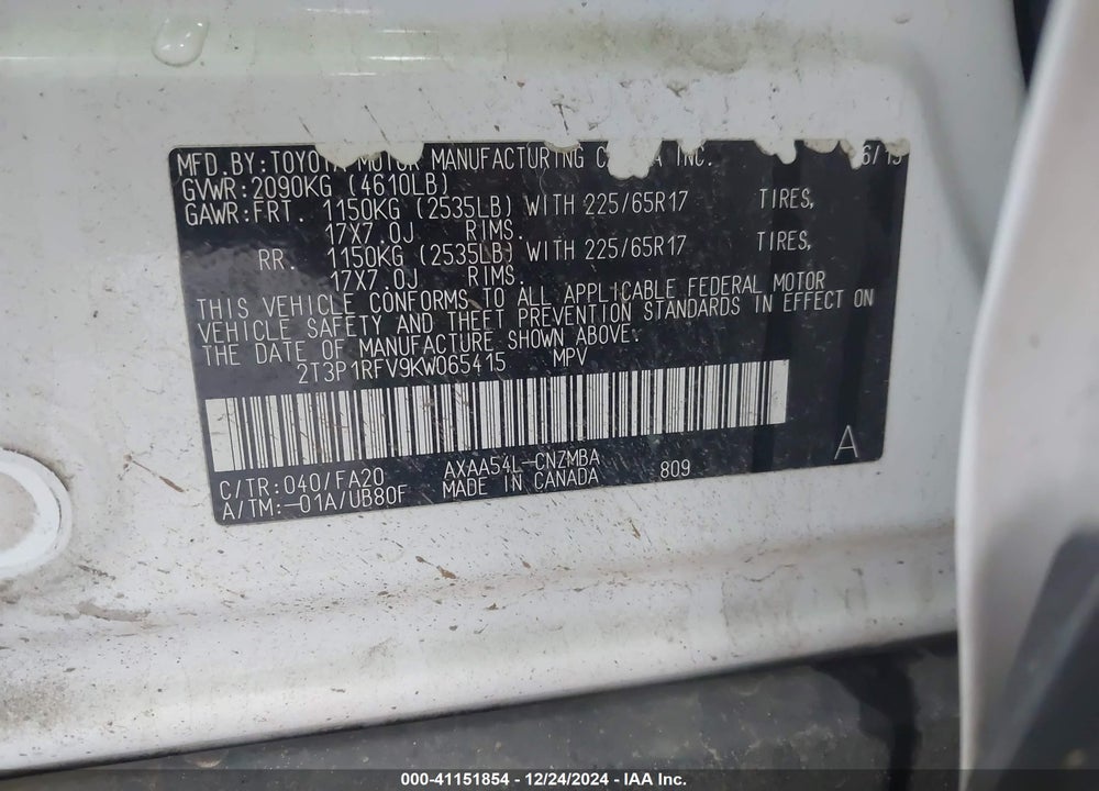 2019 TOYOTA RAV4 VIN: 2T3P1RFV9KW065415