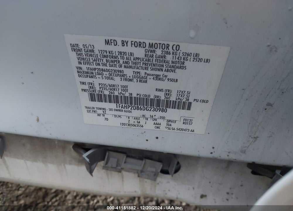 2013 FORD TAURUS VIN: 1FAHP2D86DG230980