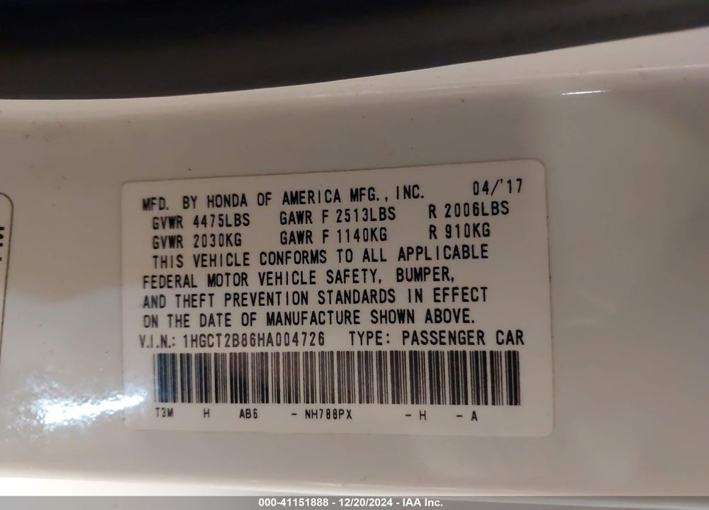 2017 HONDA ACCORD EX-L V6 VIN: 1HGCT2B86HA004726