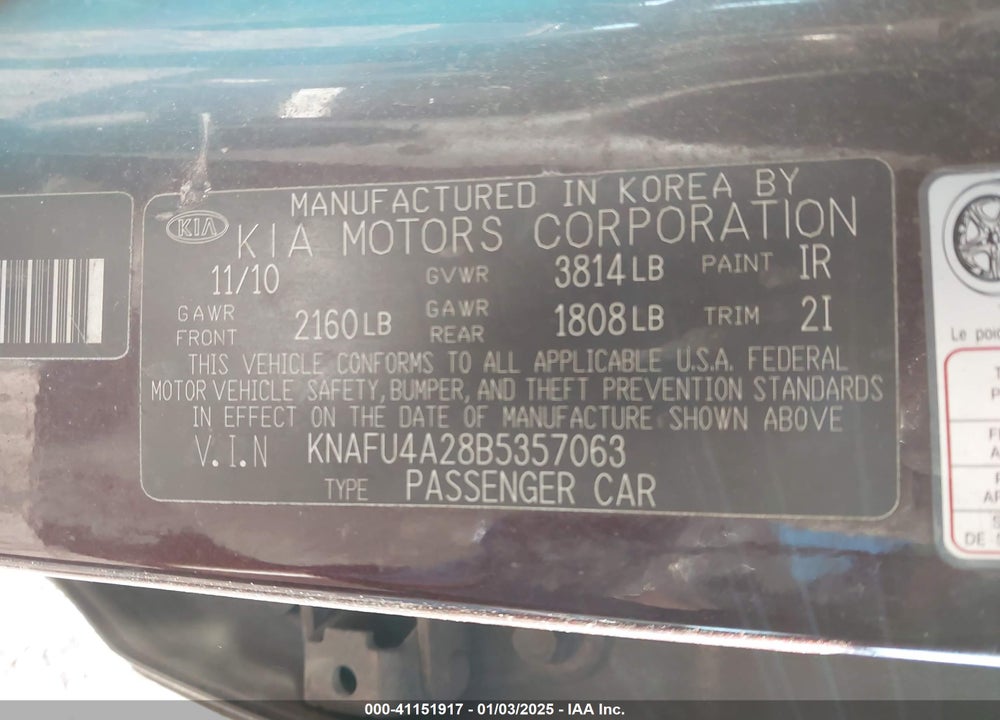2011 KIA FORTE EX VIN: KNAFU4A28B5357063
