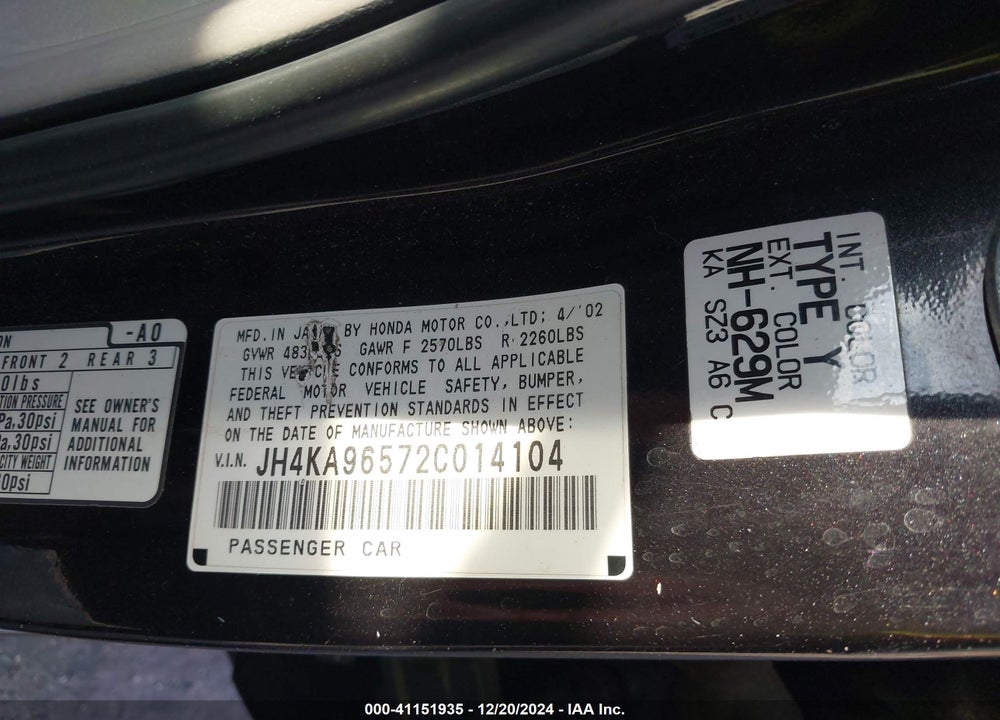 2002 ACURA RL 3.5 VIN: JH4KA96572C014104