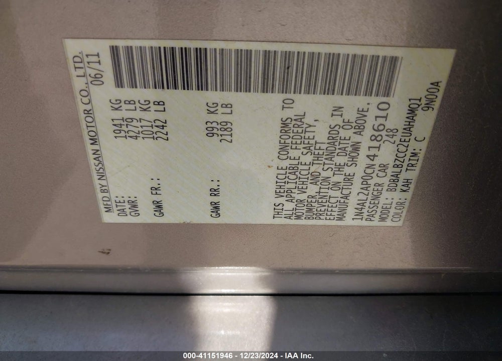 2012 NISSAN ALTIMA 2.5 S VIN: 1N4AL2AP0CN418610