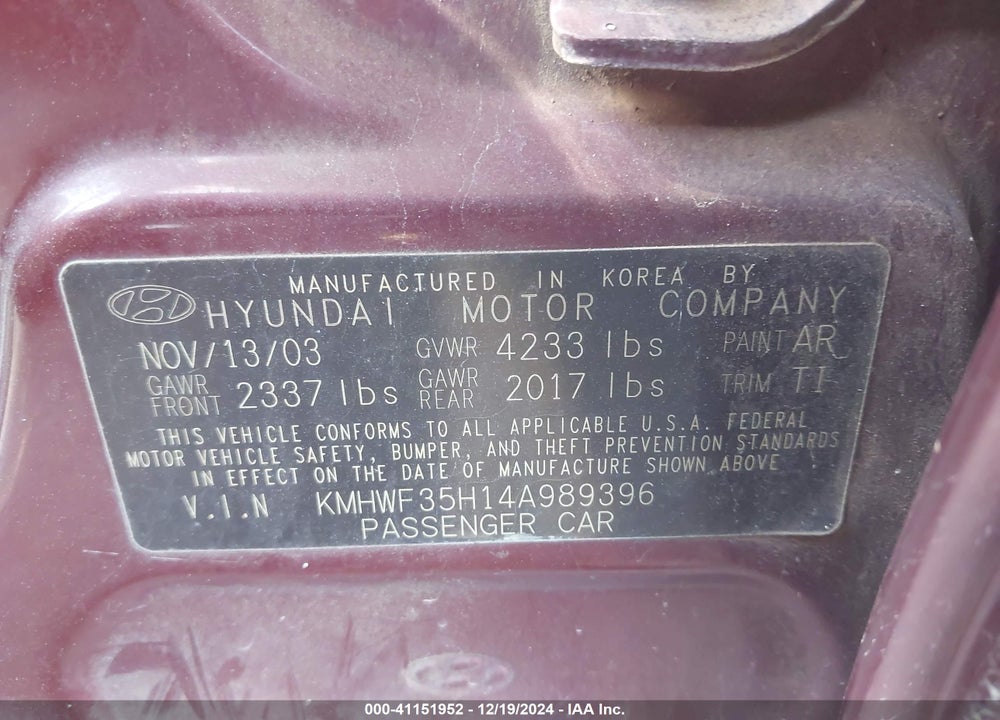 2004 HYUNDAI SONATA GLS/LX VIN: KMHWF35H14A989396