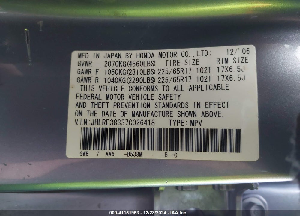 2007 HONDA CR-V LX VIN: JHLRE38337C026418