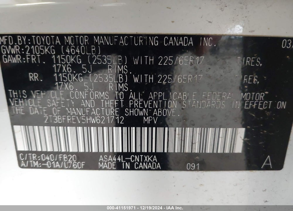 2017 TOYOTA RAV4 LE VIN: 2T3BFREV5HW621712