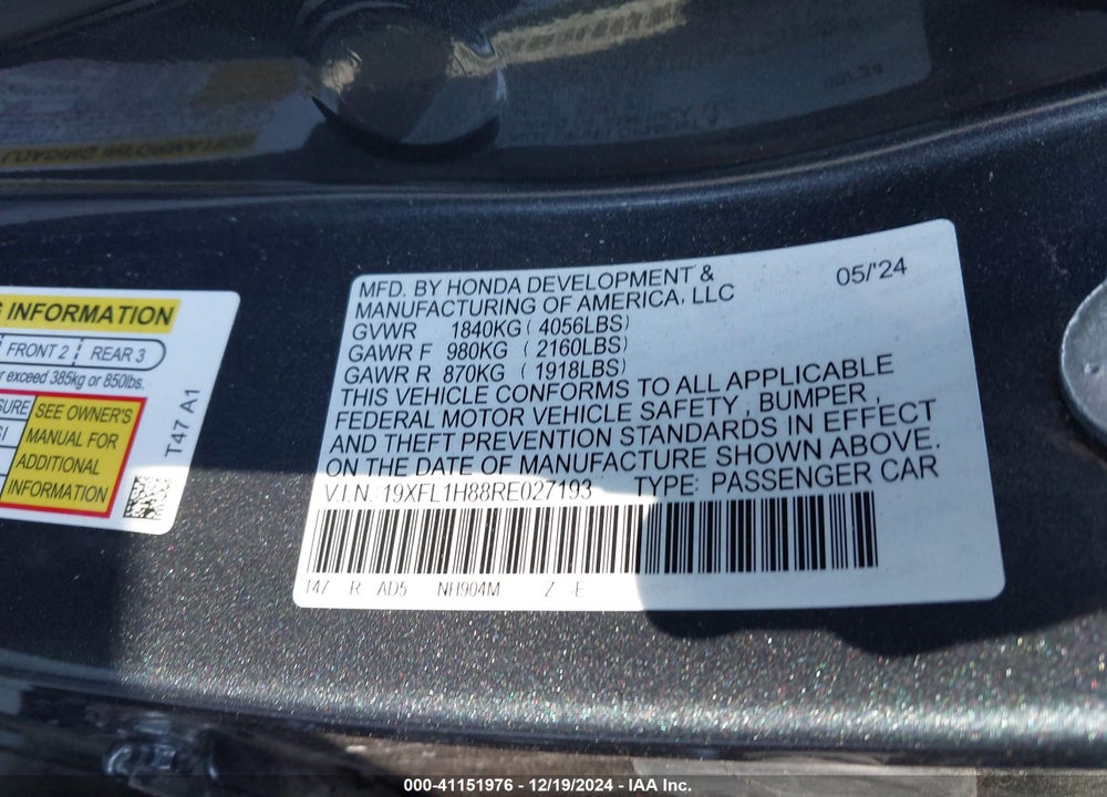 2024 HONDA CIVIC VIN: 19XFL1H88RE027193