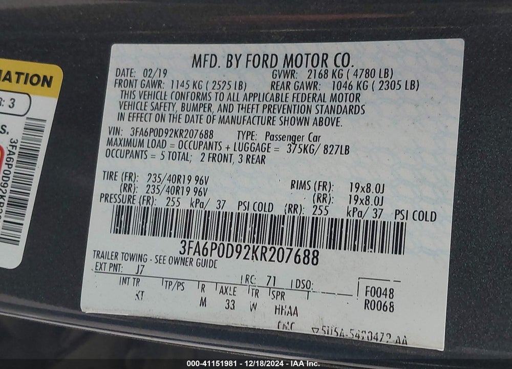 2019 FORD FUSION TITANIUM VIN: 3FA6P0D92KR207688