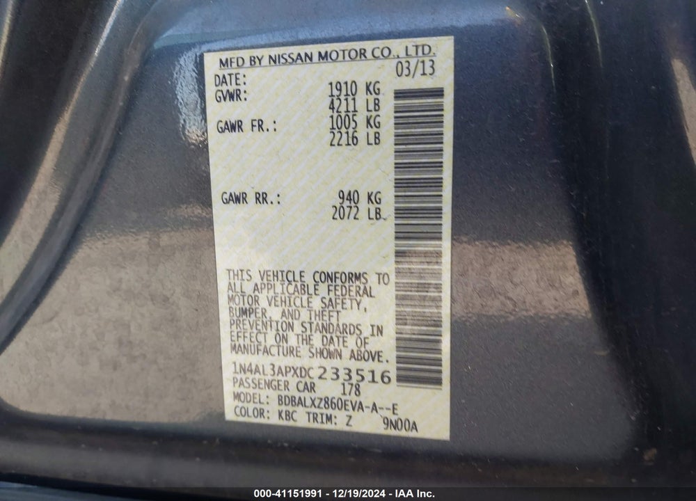 2013 NISSAN ALTIMA 2.5 SL VIN: 1N4AL3APXDC233516