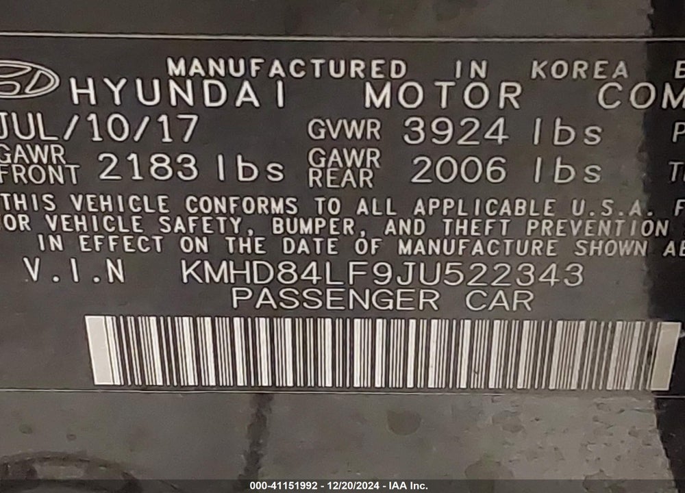 2018 HYUNDAI ELANTRA VALUE EDITION VIN: KMHD84LF9JU522343