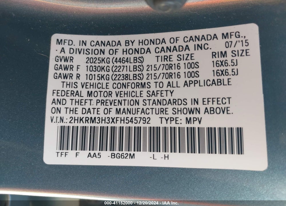 2015 HONDA CR-V LX VIN: 2HKRM3H3XFH545792