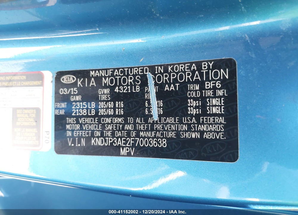2015 KIA SOUL EV VIN: KNDJP3AE2F7003638