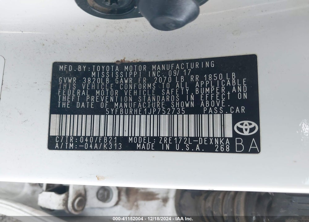 2018 TOYOTA COROLLA VIN: 5YFBURHE1JP752735