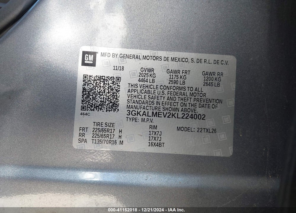 2019 GMC TERRAIN SLE VIN: 3GKALMEV2KL224002