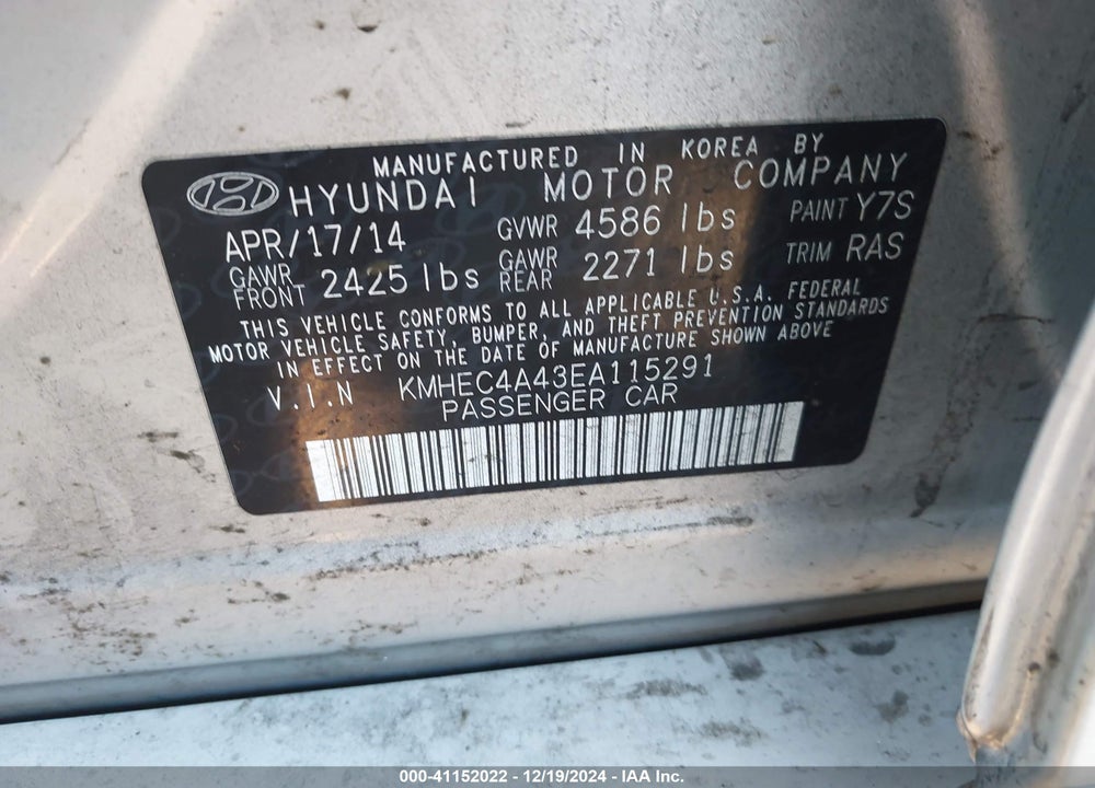 2014 HYUNDAI SONATA HYBRID VIN: KMHEC4A43EA115291