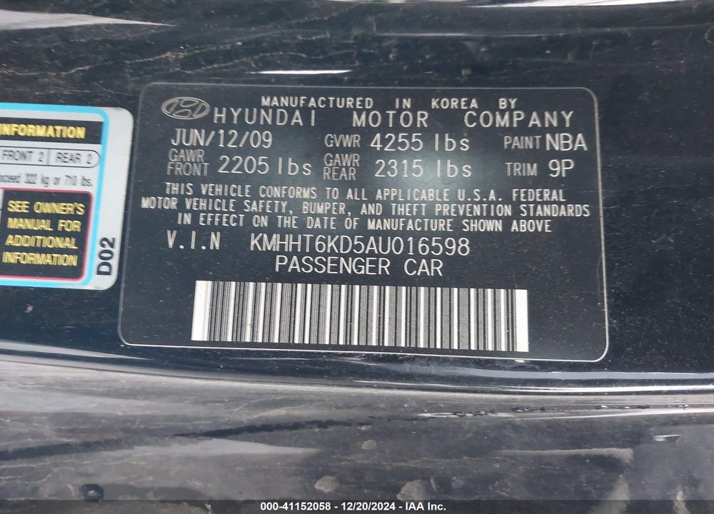 2010 HYUNDAI GENESIS 2.0T PREMIUM VIN: KMHHT6KD5AU016598