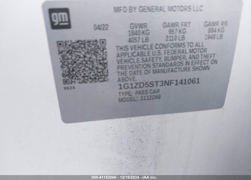 2022 CHEVROLET MALIBU FWD LT VIN: 1G1ZD5ST3NF141061