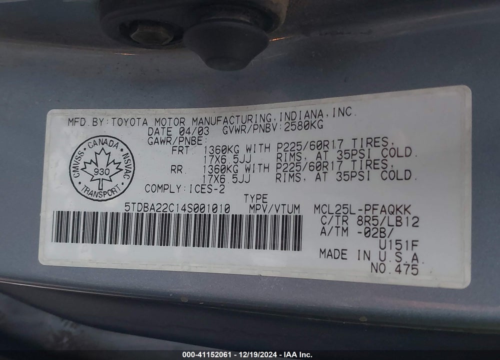 2004 TOYOTA SIENNA XLE/XLE LIMITED VIN: 5TDBA22C14S001010