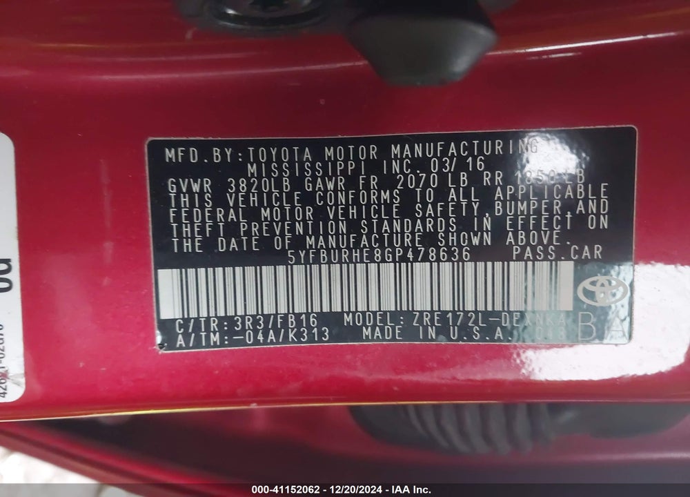 2016 TOYOTA COROLLA LE VIN: 5YFBURHE8GP478636