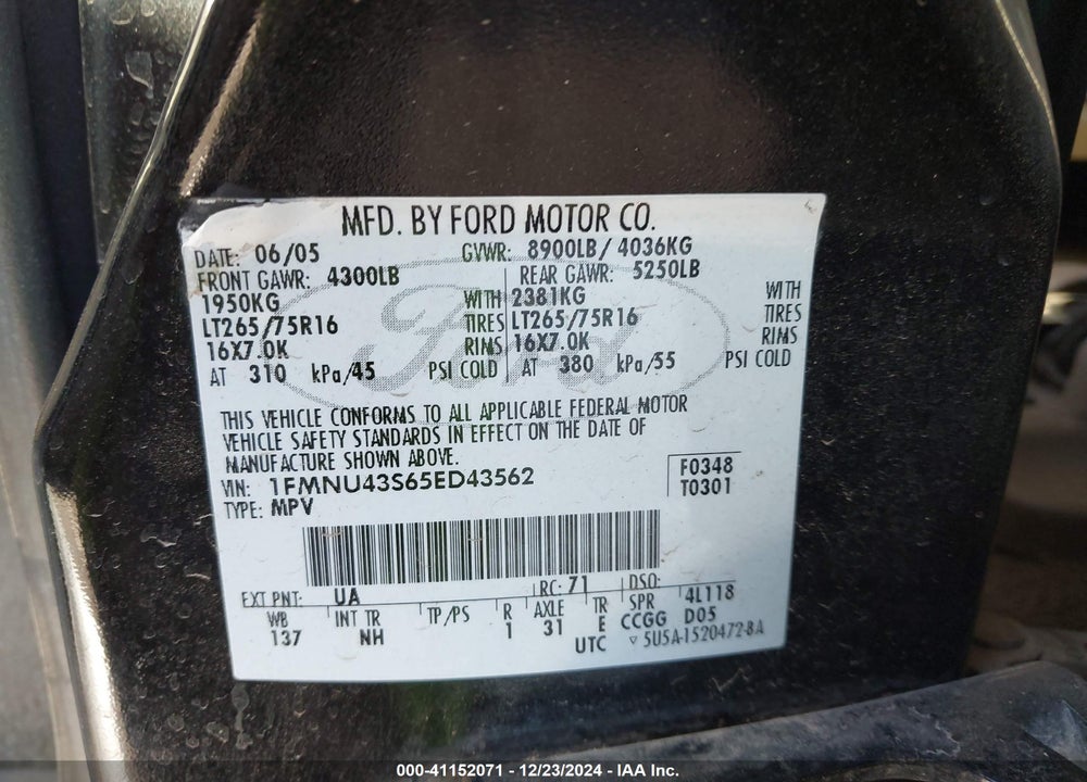 2005 FORD EXCURSION LIMITED VIN: 1FMNU43S65ED43562