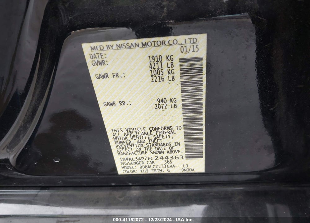 2015 NISSAN ALTIMA 2.5 S VIN: 1N4AL3AP7FC244363