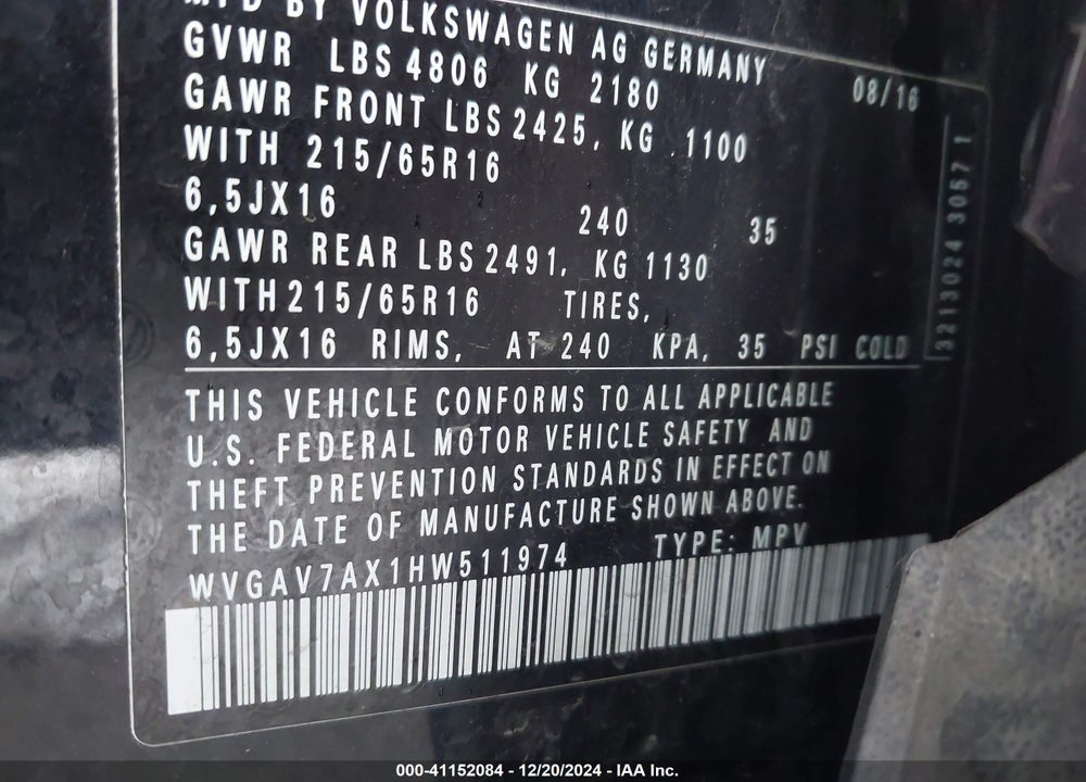 2017 VOLKSWAGEN TIGUAN 2.0T S VIN: WVGAV7AX1HW511974