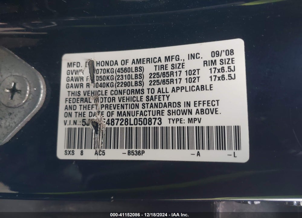 2008 HONDA CR-V EX-L VIN: 5J6RE48728L050873
